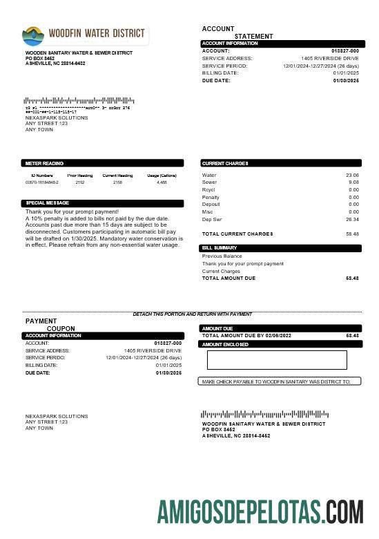 Para baixar modelo de conta de serviços públicos do distrito de água sanitária e esgoto Woodfin da Carolina do Norte dos EUA em formatos Word e PDF